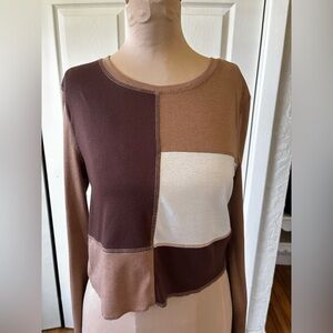 Colorblock Long Sleeve Top XL Neutral Patchwork Fall Outfit